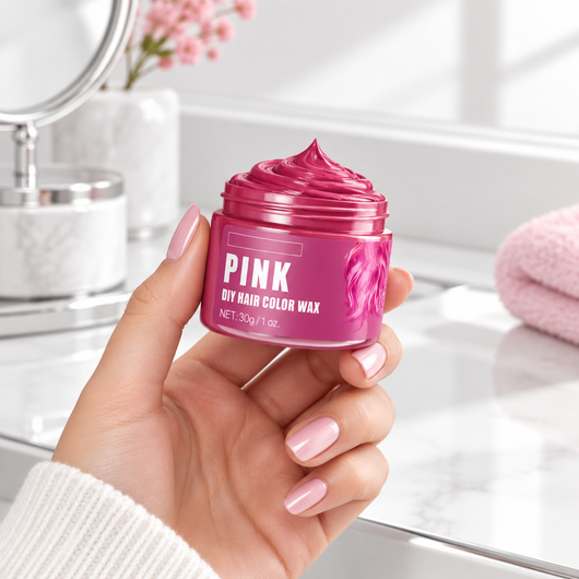 Pink hair colour jar in hand